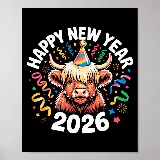 Affiche Happy New Year 2026 Highland Cow &amp; Party Hat N (Devant)