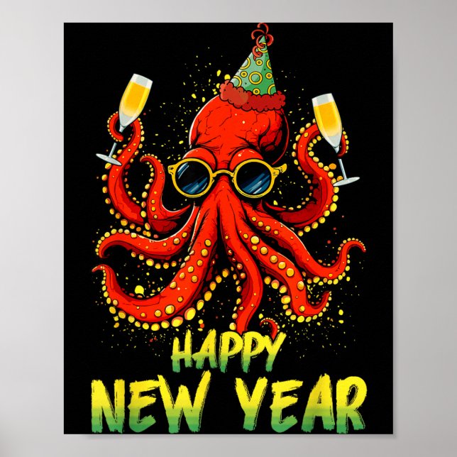 Affiche Happy New Year 2026 Octopus Drinking Champagne New (Devant)