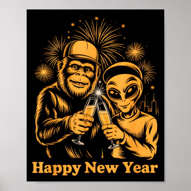 Affiche Happy New Year Bigfoot And Alien Sasquatch Firewor (Devant)