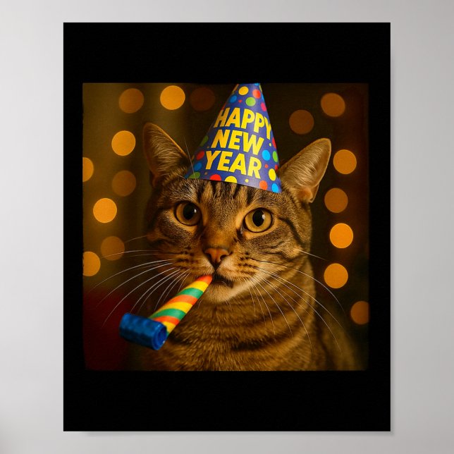 Affiche Happy New Year Cat Funny Party Hat Feline Meme Cel (Devant)