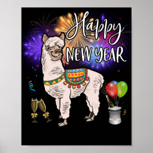 Affiche Happy New Year Llama Alpaca Firework