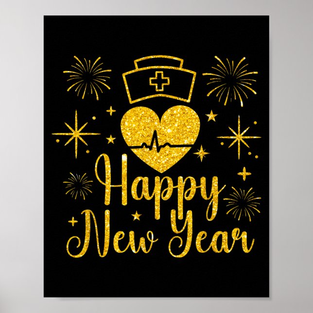 Affiche Happy New Year Nurses Heartbeat Fireworks New Year (Devant)