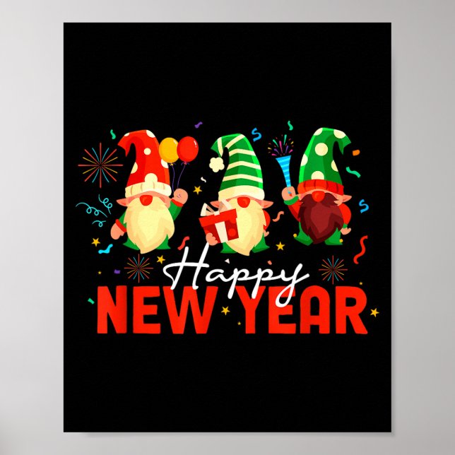 Affiche Happy New Year Three Gnomes Fireworks Confetti Nye (Devant)
