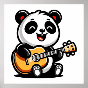 Affiche Happy Panda Guitarist - Cute Acoustic Music Design