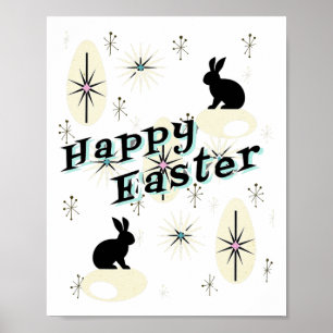Affiche Happy Pâques Rétro Mi-Siècle Style Moderne Bunny