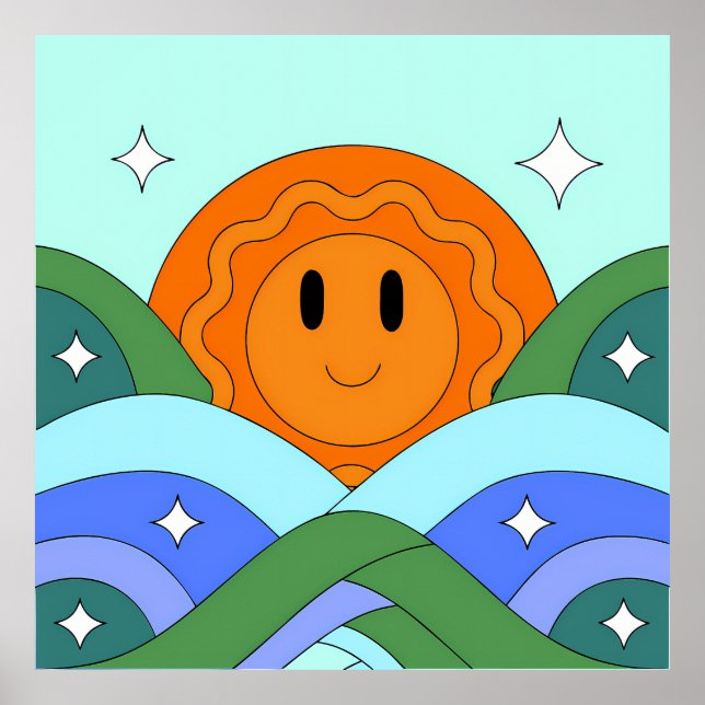Affiche Happy Retro Sun Over Rolling Hills (Devant)