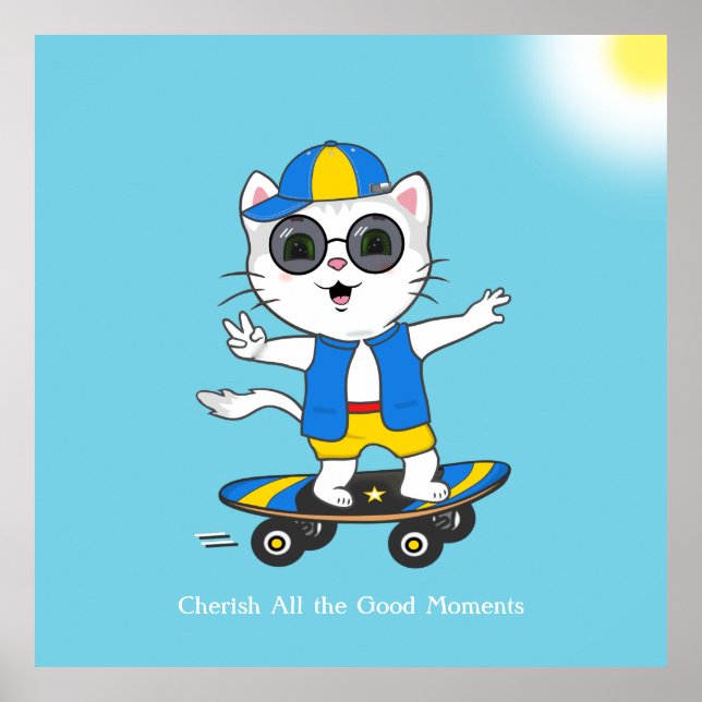 Affiche Happy Skater Cat habillé en bleu et jaune. (Devant)