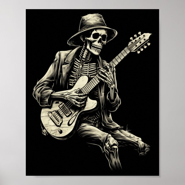 Affiche Happy Skeleton Guitar Guy Éffrayant Halloween Rock (Devant)