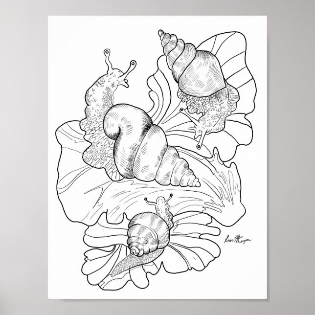 Affiche Happy Snails on Lettuce Leafs Art Coloring Page (Devant)