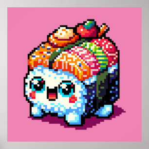 Affiche Happy Sushi Roll - Cute Pixel Art Japonais Nourrit