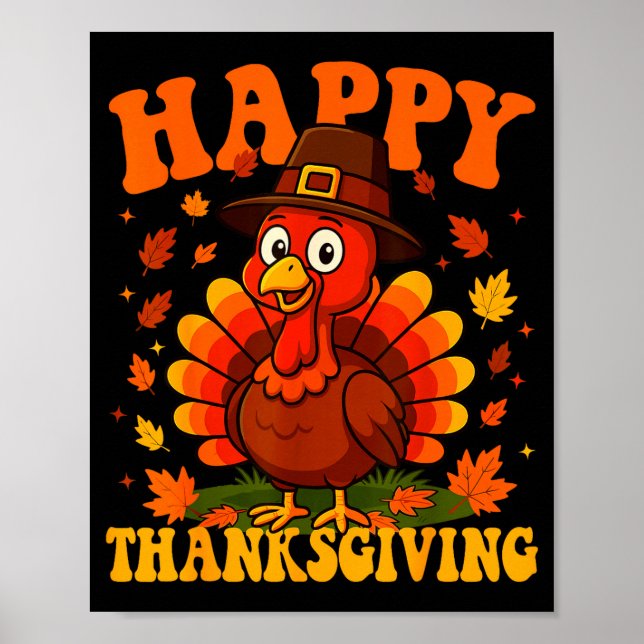 Affiche Happy Thanksgiving Cute Turkey Family Dinner Thank (Devant)