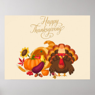 Affiche Happy Thanksgiving Cute Turkey, Horn of Plenty 