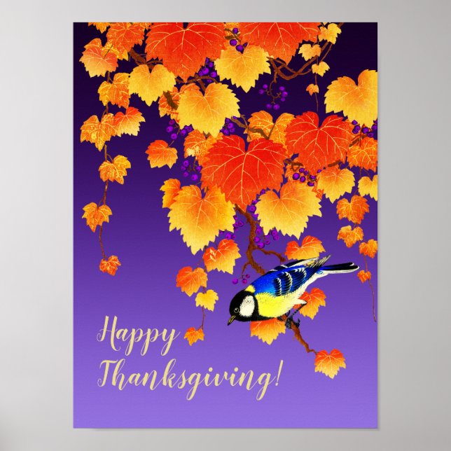 Affiche Happy Thanksgiving Fall Grape Vine Great Tit Bird (Devant)