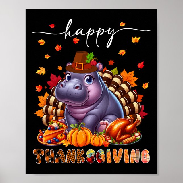 Affiche Happy Thanksgiving Hippo Costume Turkey Fall Leave (Devant)