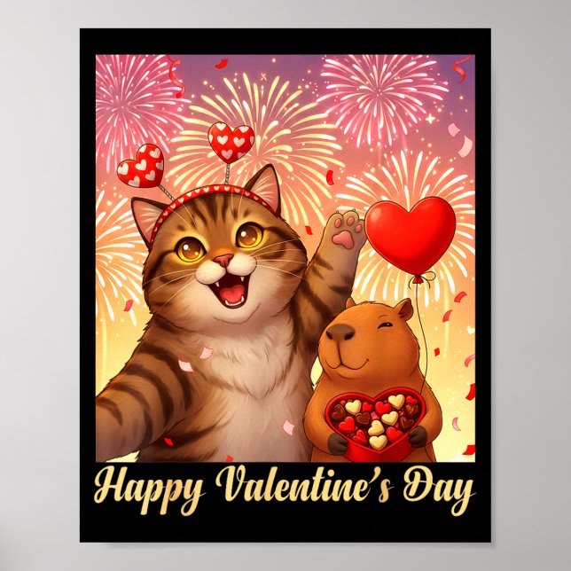 Affiche Happy Valentines 2026 Cute Cat Capybara Party Art  (Devant)