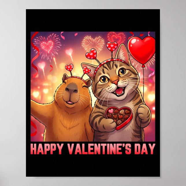 Affiche Happy Valentines 2026 Cute Cat Capybara Party Art  (Devant)