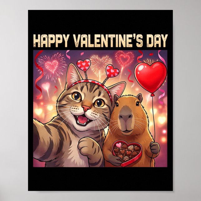 Affiche Happy Valentines 2026 Cute Cat Capybara Party Art  (Devant)