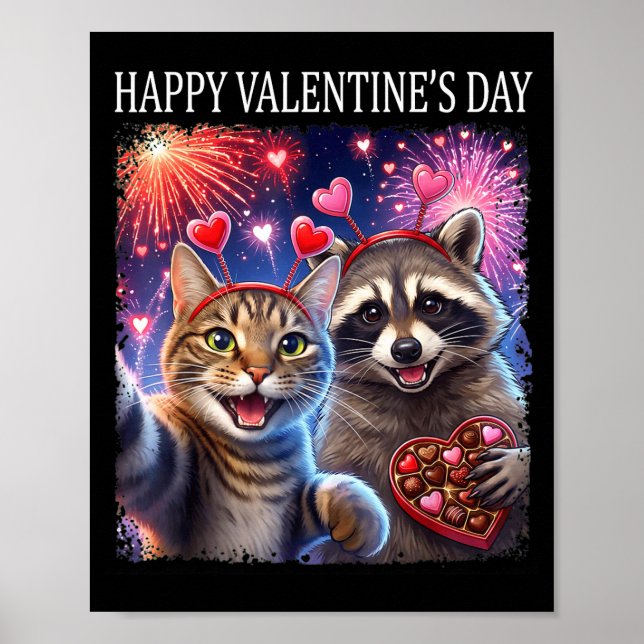 Affiche Happy Valentines 2026 Cute Cat Raccoon Party Art  (Devant)