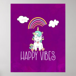 Affiche Happy Vibes Typography Cute Smiling Unicorn