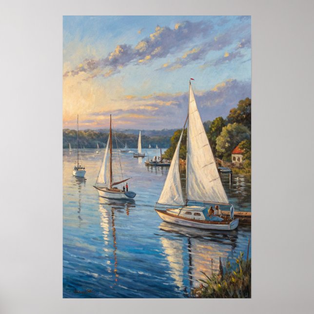Affiche  Harbor Sailboats Sunset Print | Marina Golden. (Devant)