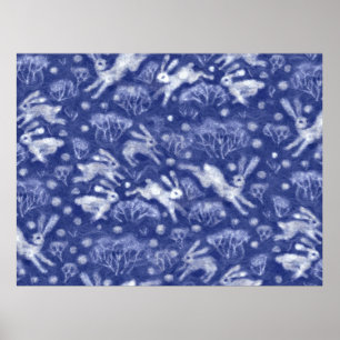 Affiche Hares Neiges lapins blancs Hiver Animal bleu