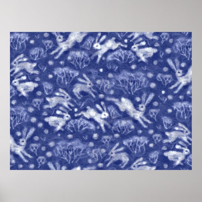 Affiche Hares Neiges lapins blancs Hiver Animal bleu (Devant)