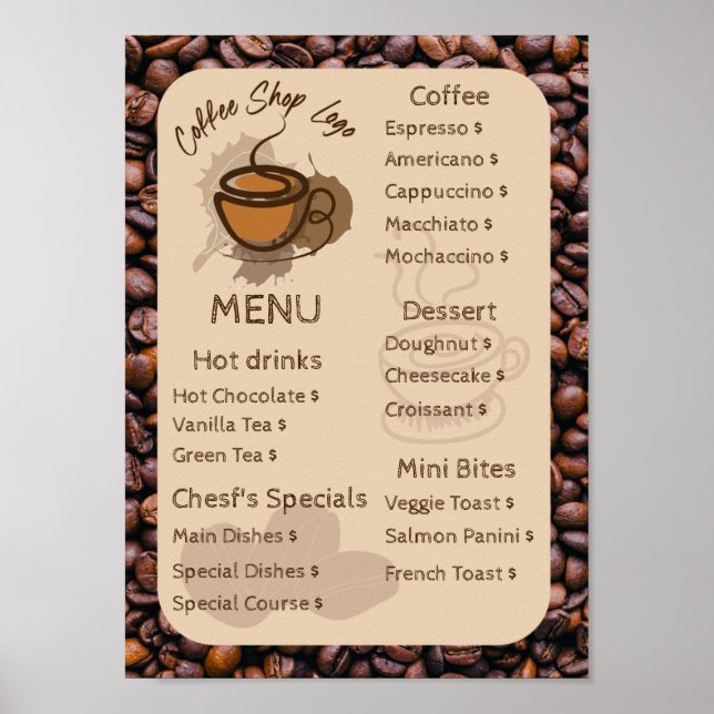 Affiche Haricots décontractés Ajouter Votre Menu Café Shop (Devant)