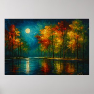 Affiche Harmonie au Clair de Lune - Arbres Colorés et Eaux