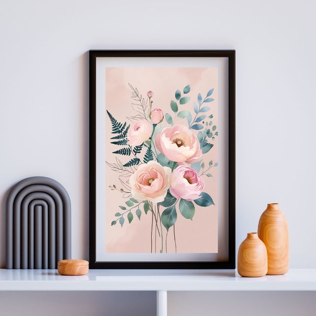 Affiche Harmonie Botanique Élégante | Fleurs Roses et Saug (Créateur téléchargé)