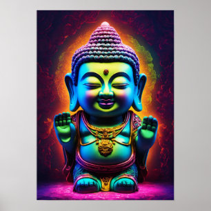 Affiche "Harmonie de néon : Adorable Bouddha 3D en verre