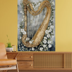 Affiche harpe ornementale entourée de fleurs blanches