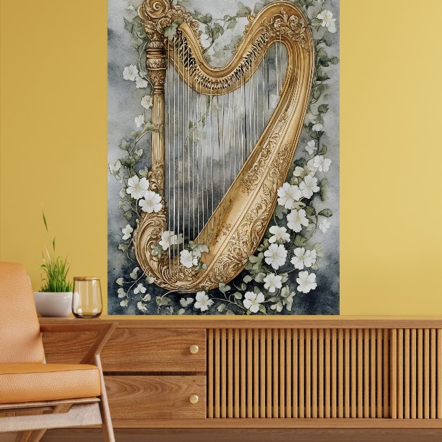 Affiche harpe ornementale entourée de fleurs blanches (Salon 2)