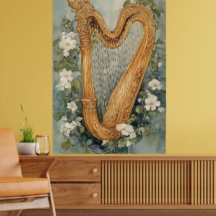 Affiche harpe ornementale entourée de fleurs blanches