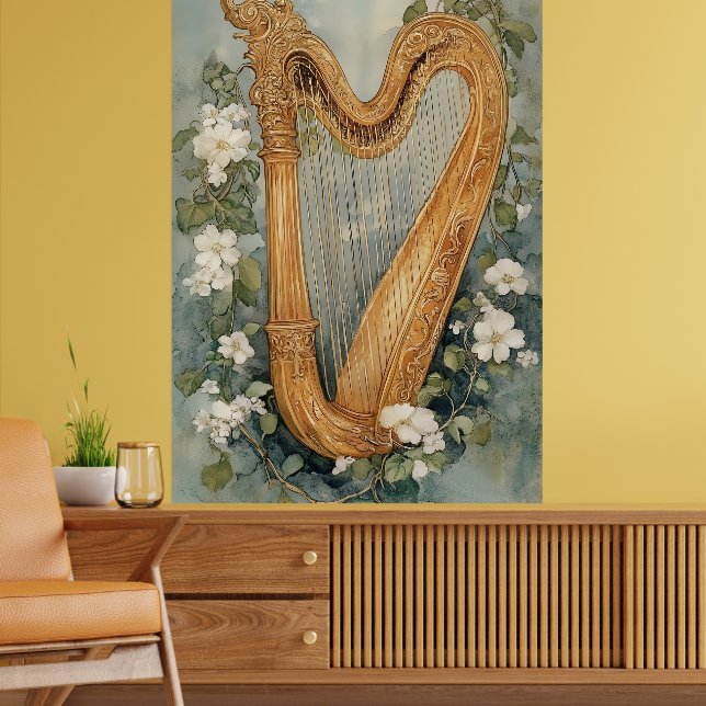 Affiche harpe ornementale entourée de fleurs blanches (Salon 2)