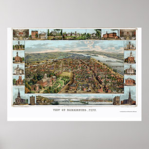 Affiche Harrisburg, carte panoramique de PA - 1855