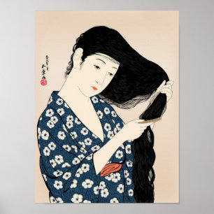 Affiche Hashiguchi Goyo - Une femme en bleu qui monte ses 