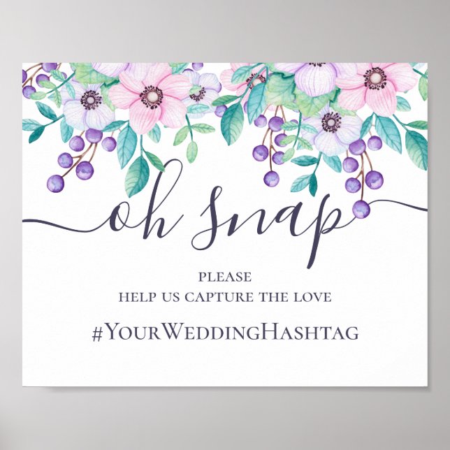 Affiche Hashtag instagram mariage fleuri violet et rose (Devant)