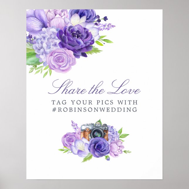 Affiche Hashtag Mariage à l'aquarelle ultra violette (Devant)