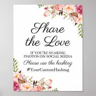 Affiche Hashtag Mariage rose rustique Signer Partager l'am