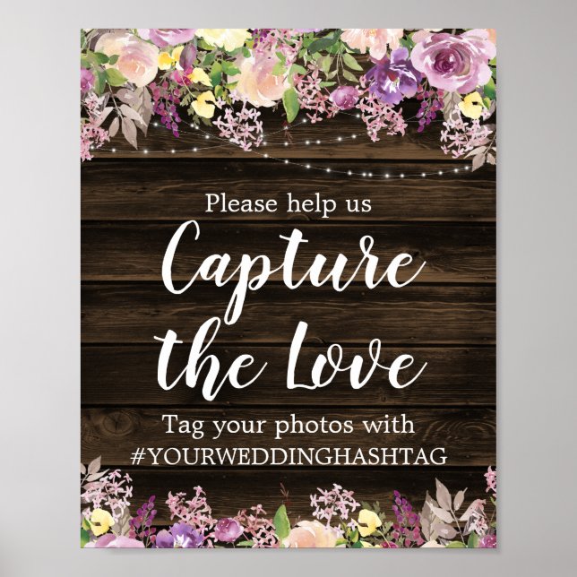 Affiche Hashtag Mariage Rustique Violet Floral (Devant)