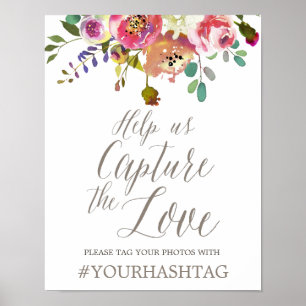 Affiche Hashtag Mariage simple Floral Watercolor