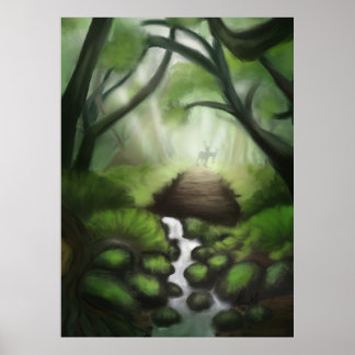 Affiche Havre de paix : lac de forêt avec Distant Deer Sil