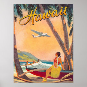 Affiche Hawaï, fille de danse polynésienne sur la côte