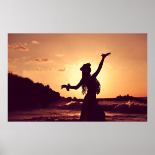 Affiche Hawaï, silhouette de fille hula au coucher du sole