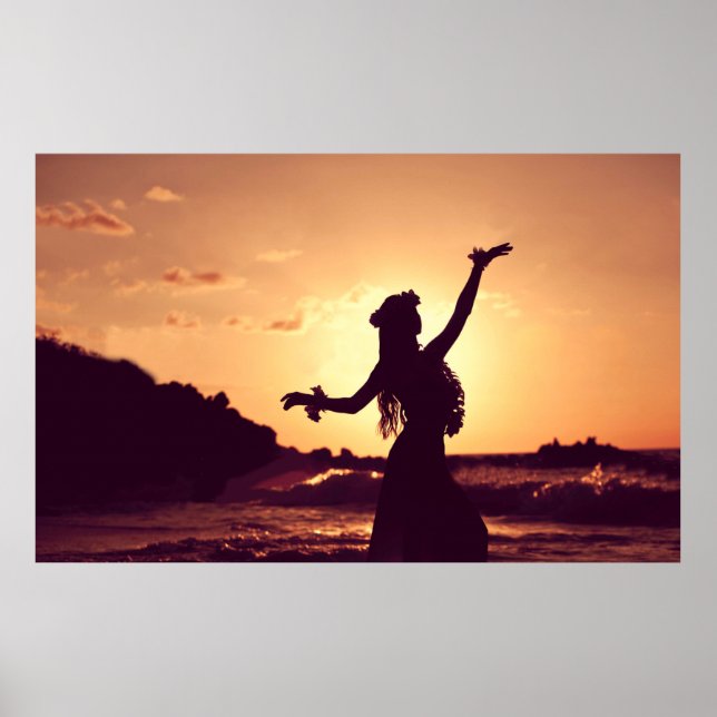 Affiche Hawaï, silhouette de fille hula au coucher du sole (Devant)