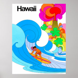 Affiche Hawaï, surf sur la grande vague, illustration des 