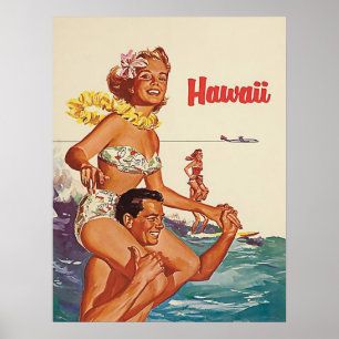 Affiche Hawaii, couple heureux de surf, voyage vintage