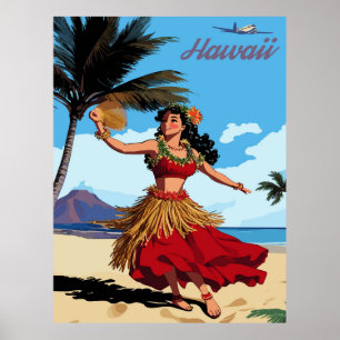 Affiche Hawaii, fille de hula dansant à la plage, voyage