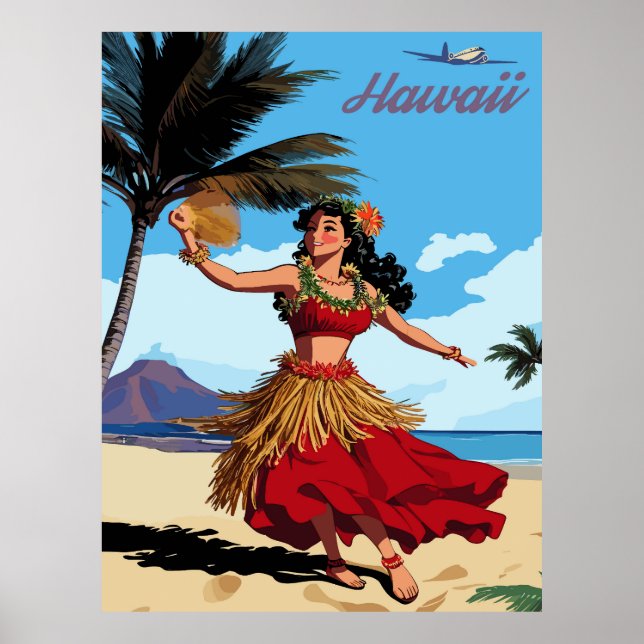 Affiche Hawaii, fille de hula dansant à la plage, voyage (Devant)
