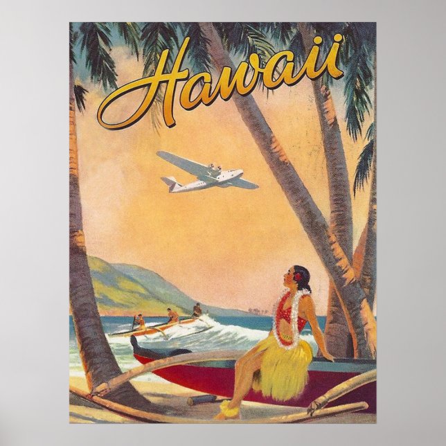 Affiche Hawaii, fille hula sur la côte tropicale, compagni (Devant)